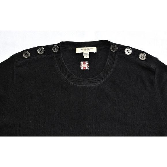 B2 Auth BURBERRY LONDON Black Wool Shoulder Button Detail Crew Neck Sweater Sz S - Picture 5 of 6